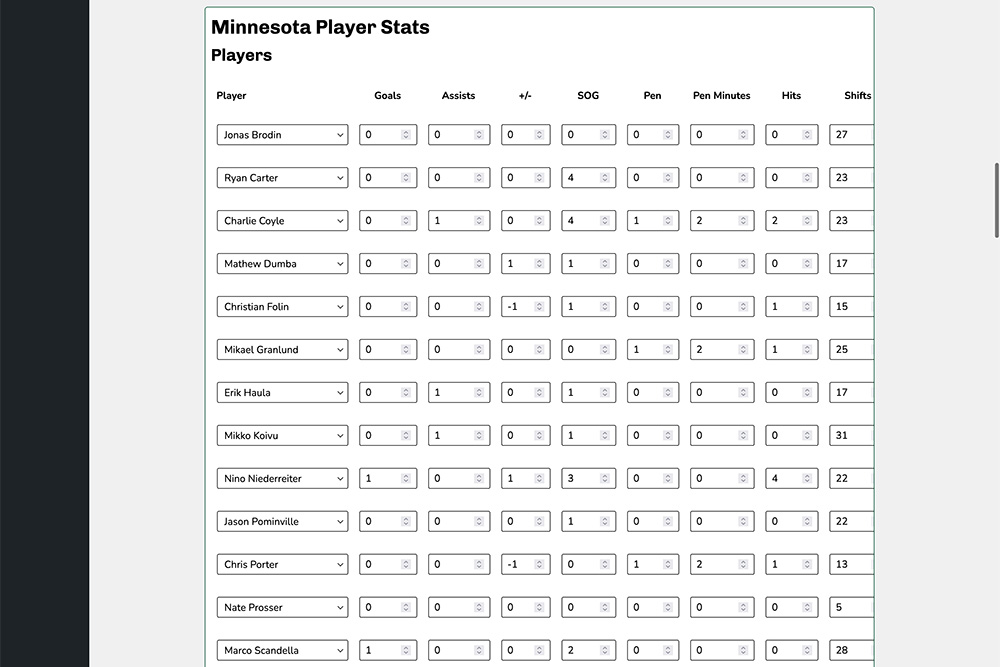 Screenshot of the hockey single game admin screen in Sports Bench