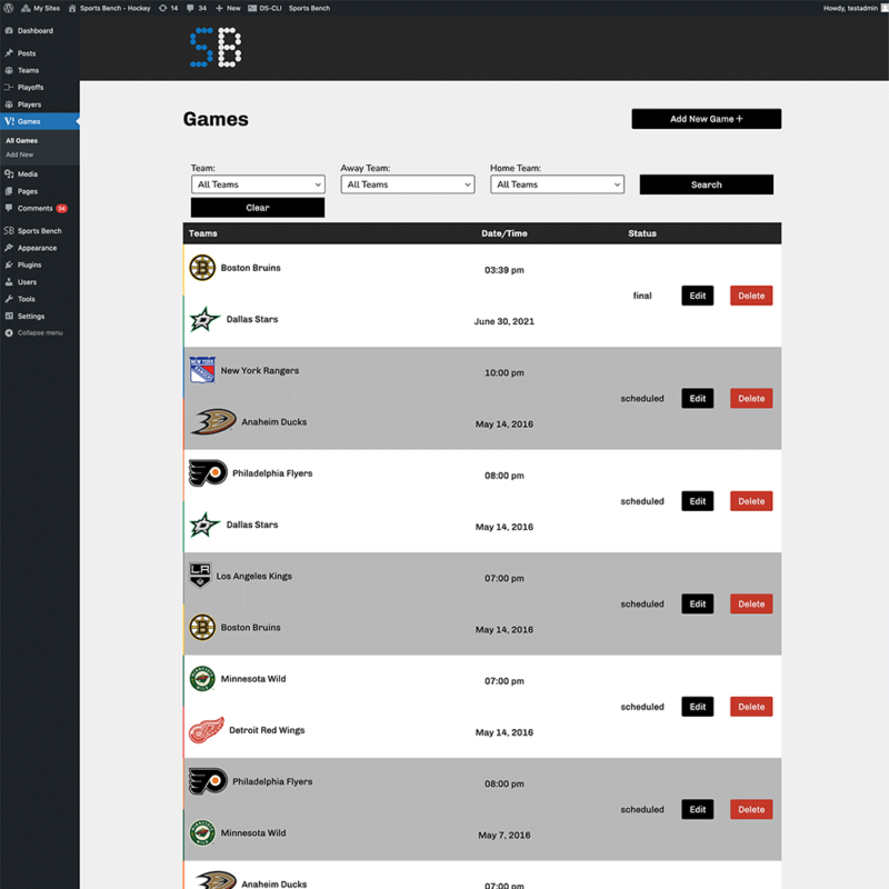 Screenshot of the hockey games admin screen in Sports Bench