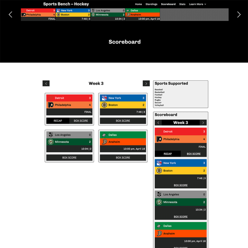 Screenshot of the hockey scoreboard page in Sports Bench