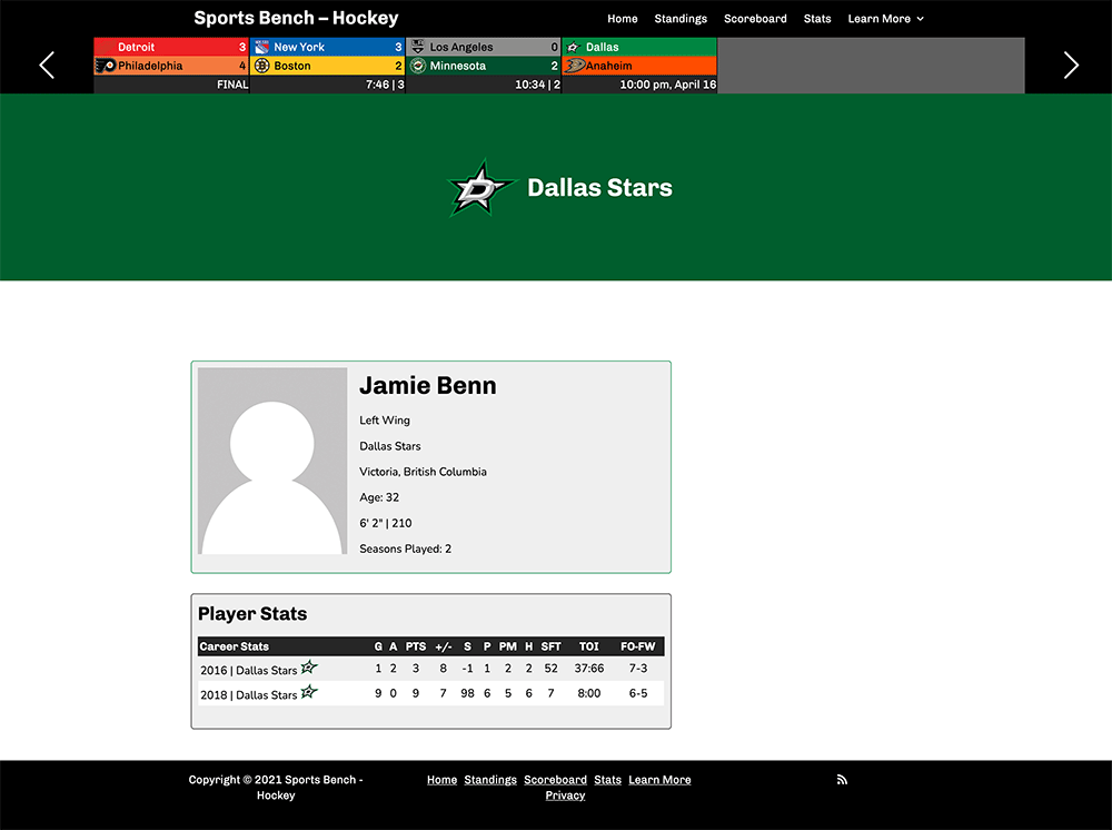 Screenshot of the hockey single player page in Sports Bench