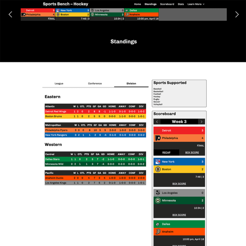 Screenshot of the hockey Standings page in Sports Bench