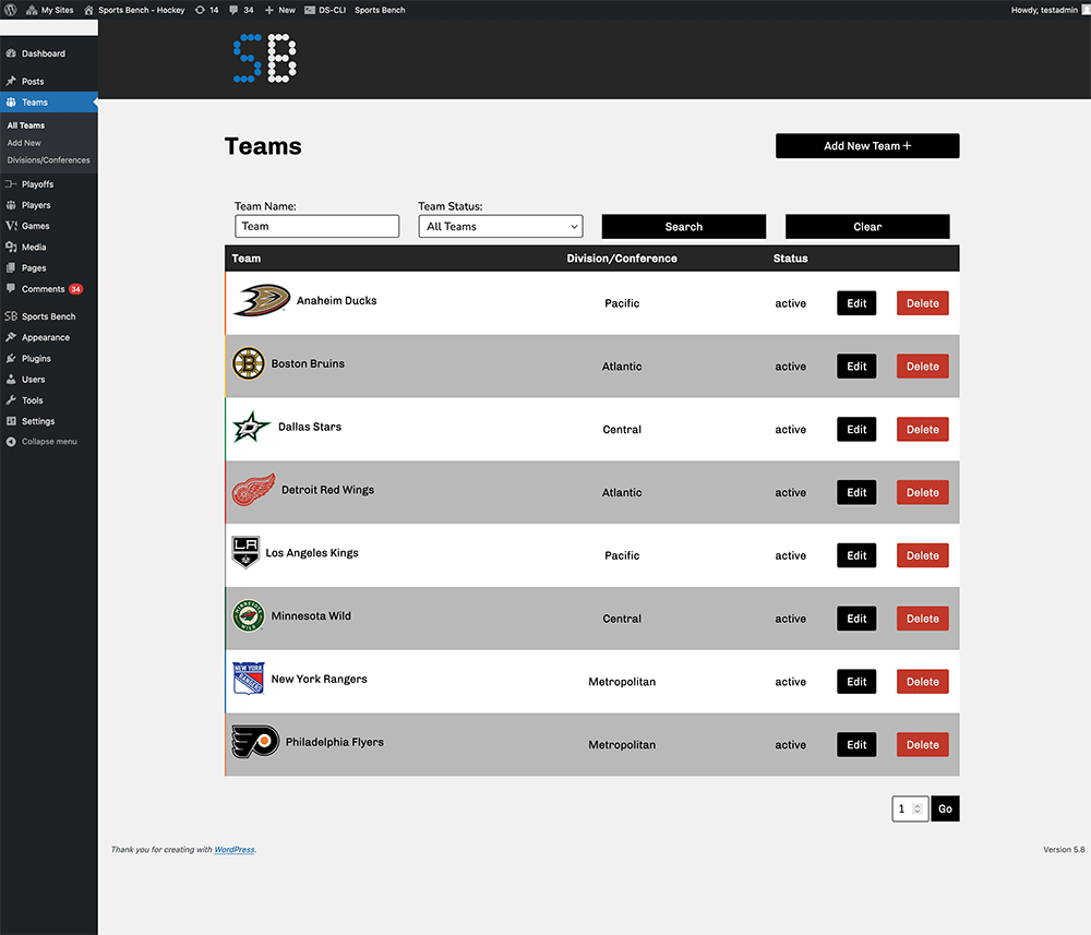 Screenshot of the hockey teams admin screen in Sports Bench