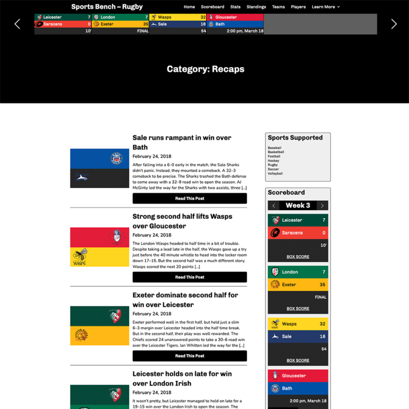 Screenshot of the rugby archive page template in Sports Bench