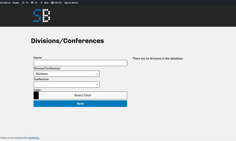 Screenshot of the rugby divisions admin screen in Sports Bench