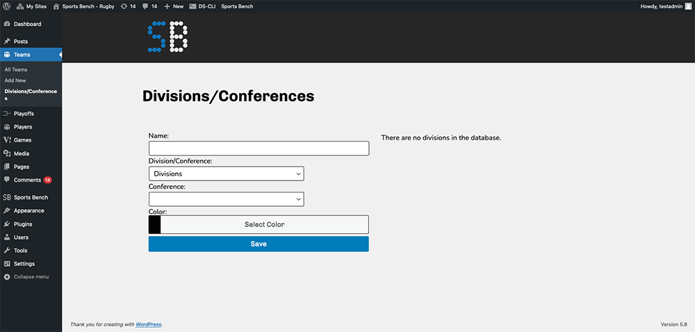 Screenshot of the rugby divisions admin screen in Sports Bench