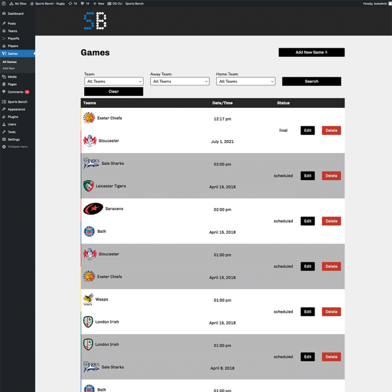 Screenshot of the rugby games admin screen in Sports Bench