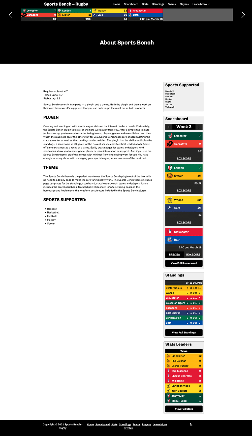 Screenshot of the rugby default page template in Sports Bench