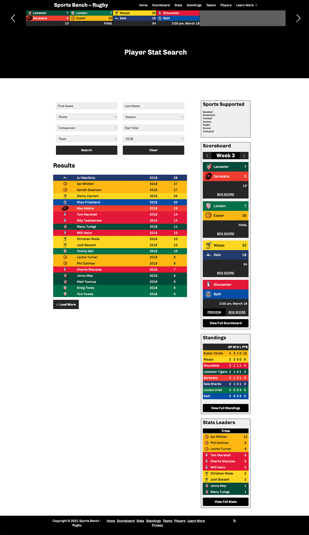 Screenshot of the rugby player stat search page in Sports Bench