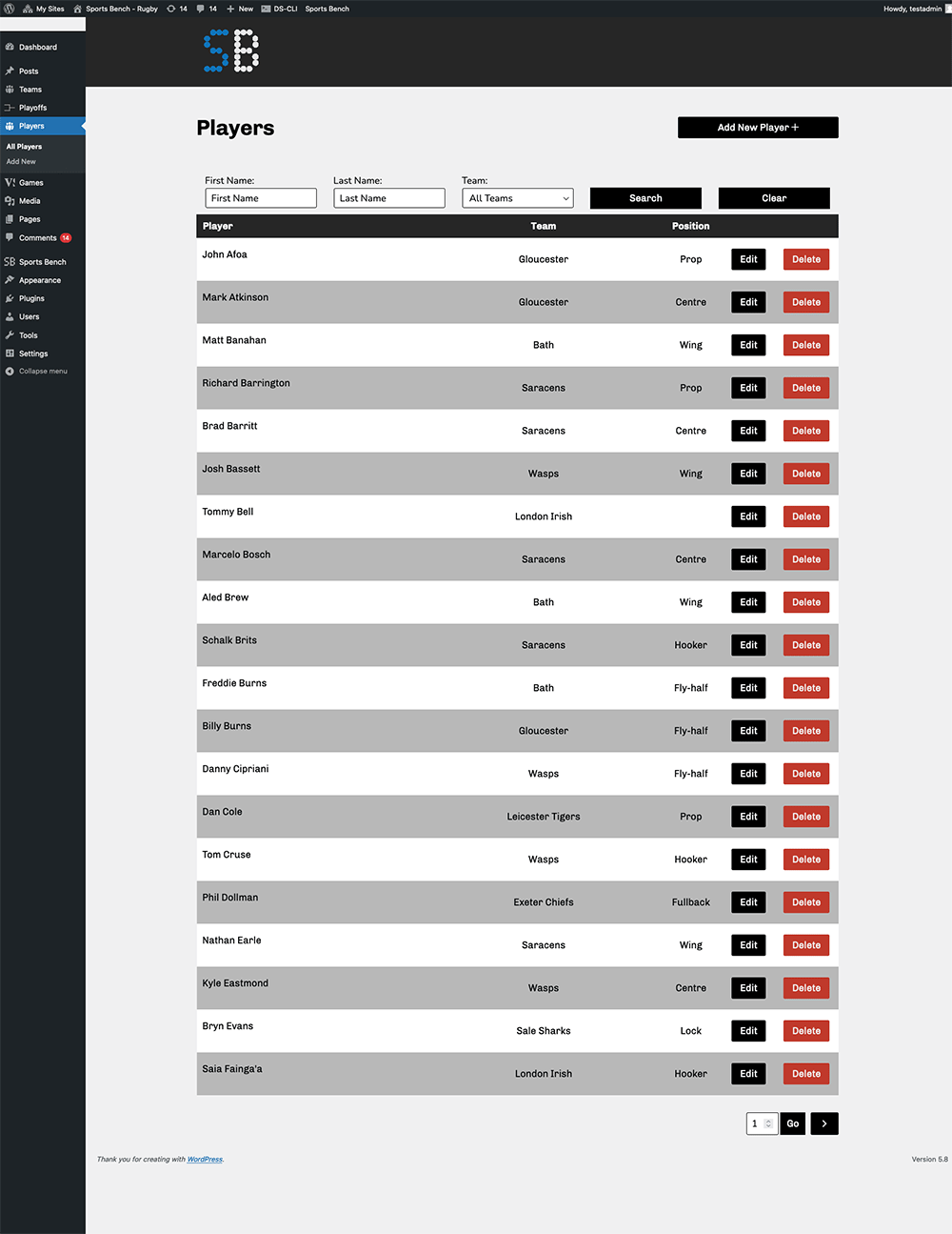 Screenshot of the rugby players admin screen in Sports Bench