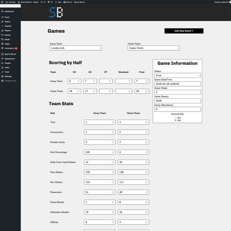 Screenshot of the rugby single game admin screen in Sports Bench