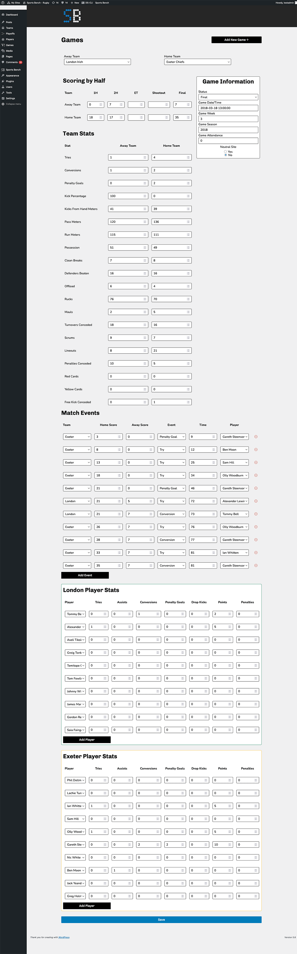 Screenshot of the rugby single game admin screen in Sports Bench