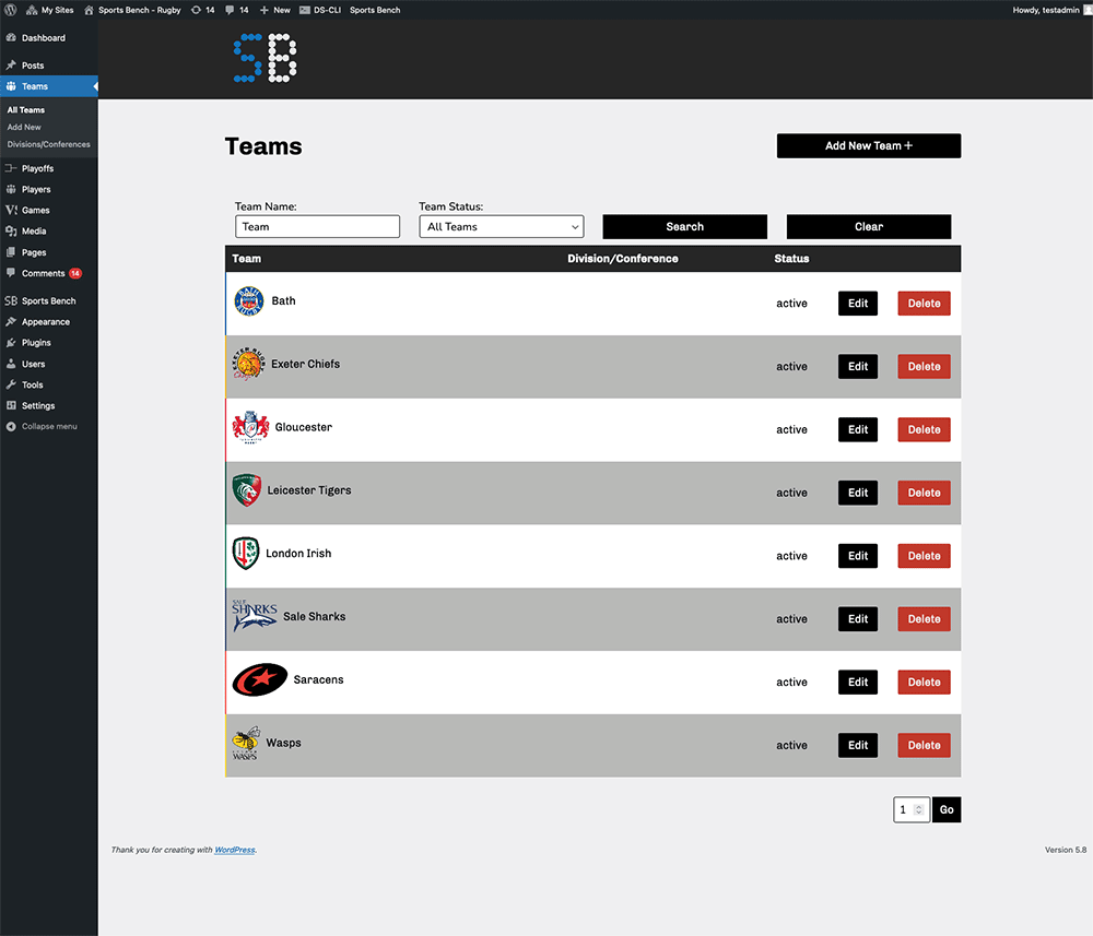 Screenshot of the rugby teams admin screen in Sports Bench