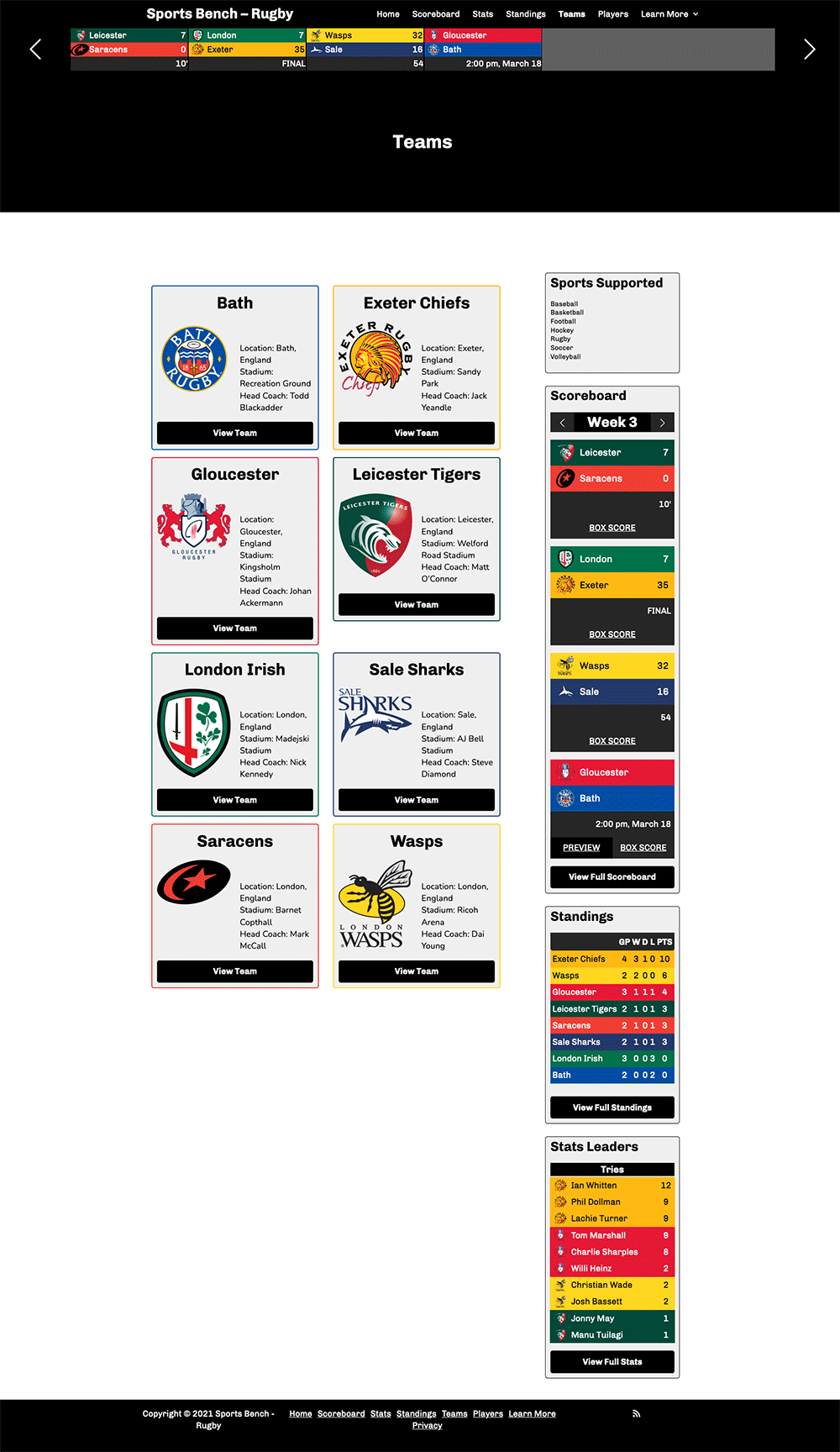 Screenshot of the rugby teams page in Sports Bench
