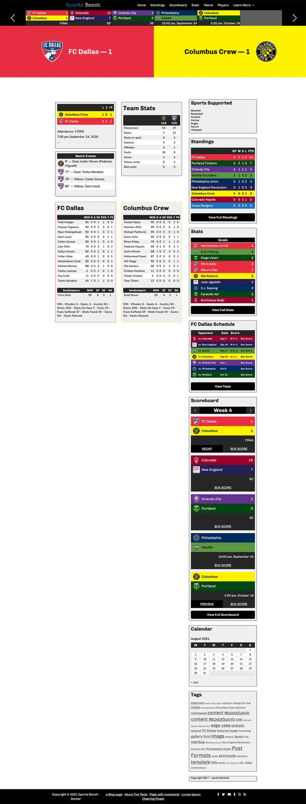 Screenshot of the soccer box score page in Sports Bench