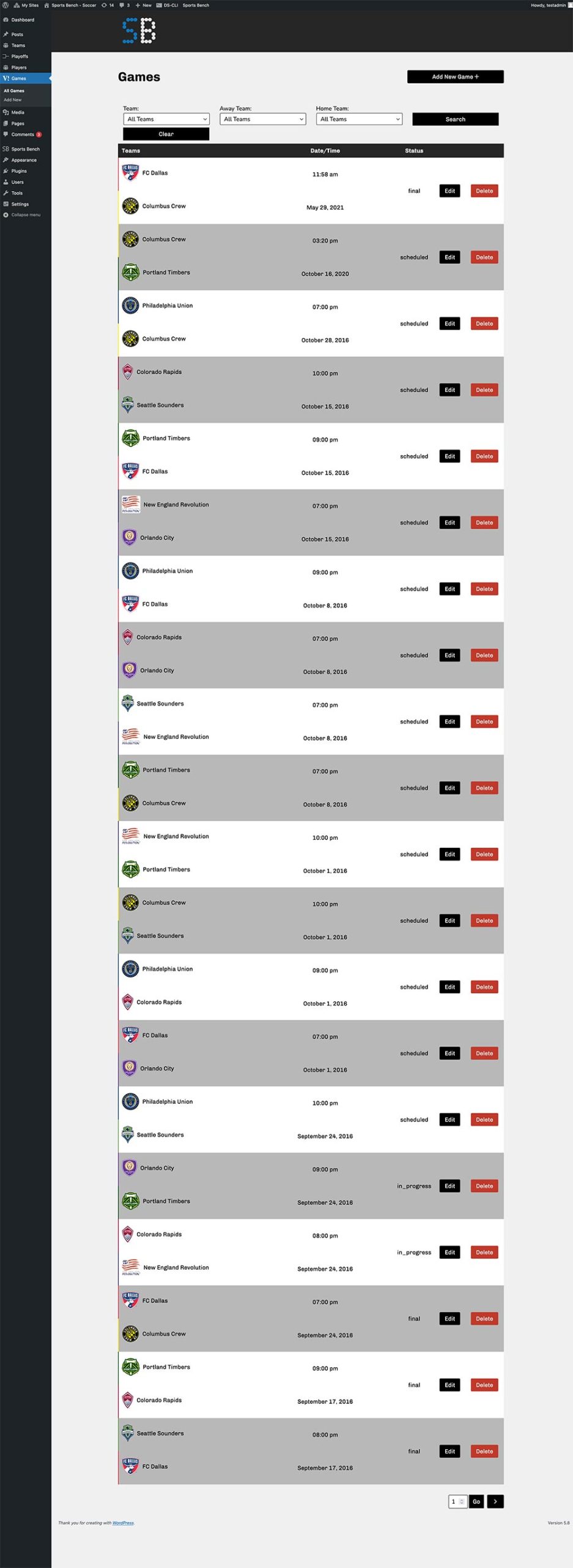 Screenshot of the soccer games admin screen in Sports Bench
