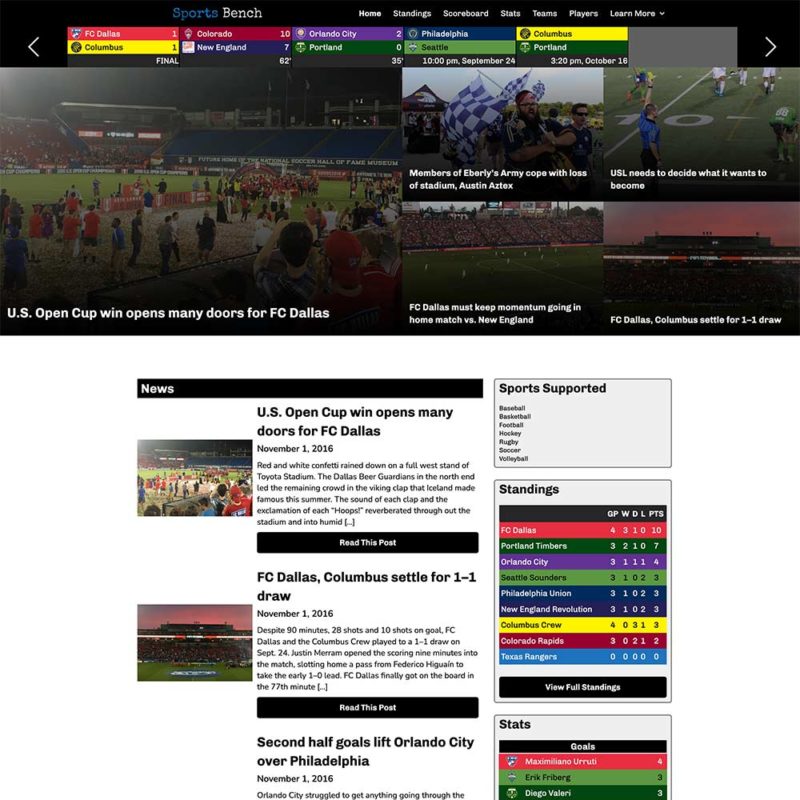 Screenshot of the soccer tiled homepage in Sports Bench