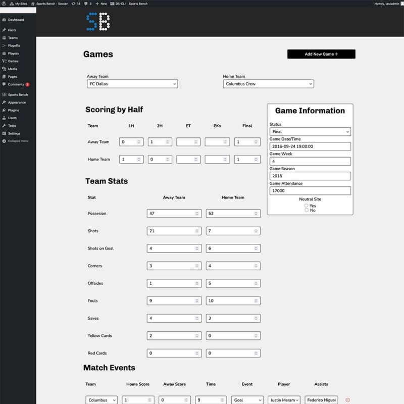 Screenshot of the soccer single game admin screen in Sports Bench