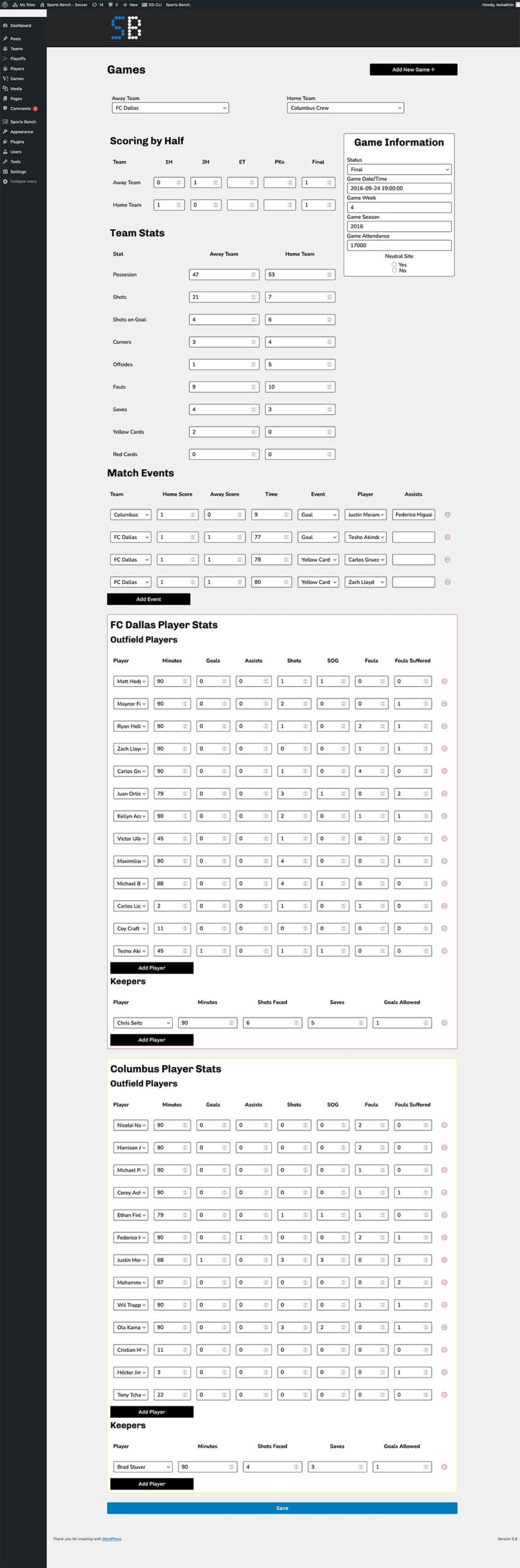 Screenshot of the soccer single game admin screen in Sports Bench