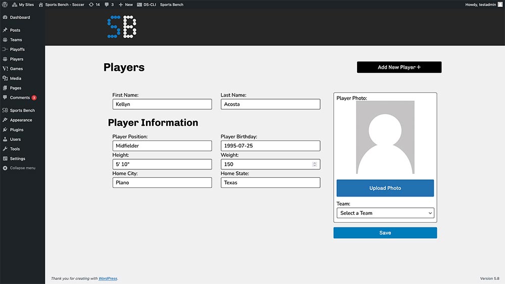 Screenshot of the soccer single player admin screen in Sports Bench