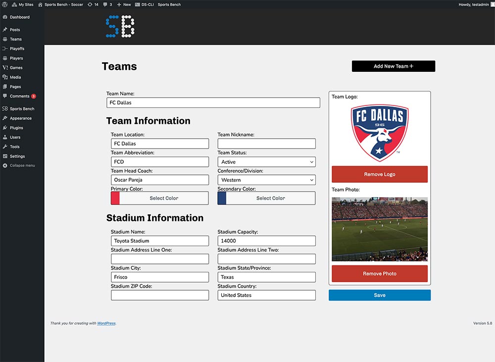 Screenshot of the soccer single team admin screen in Sports Bench