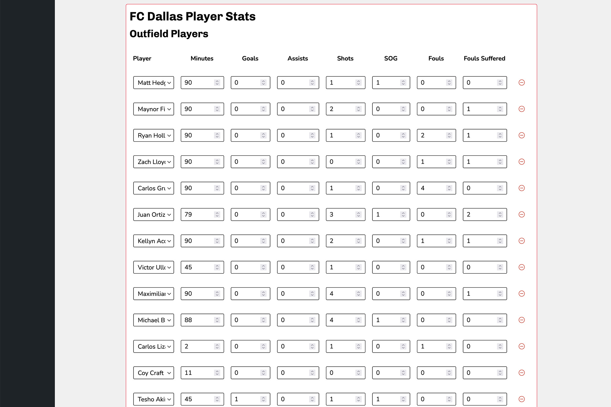 Screenshot of the soccer single game admin screen in Sports Bench