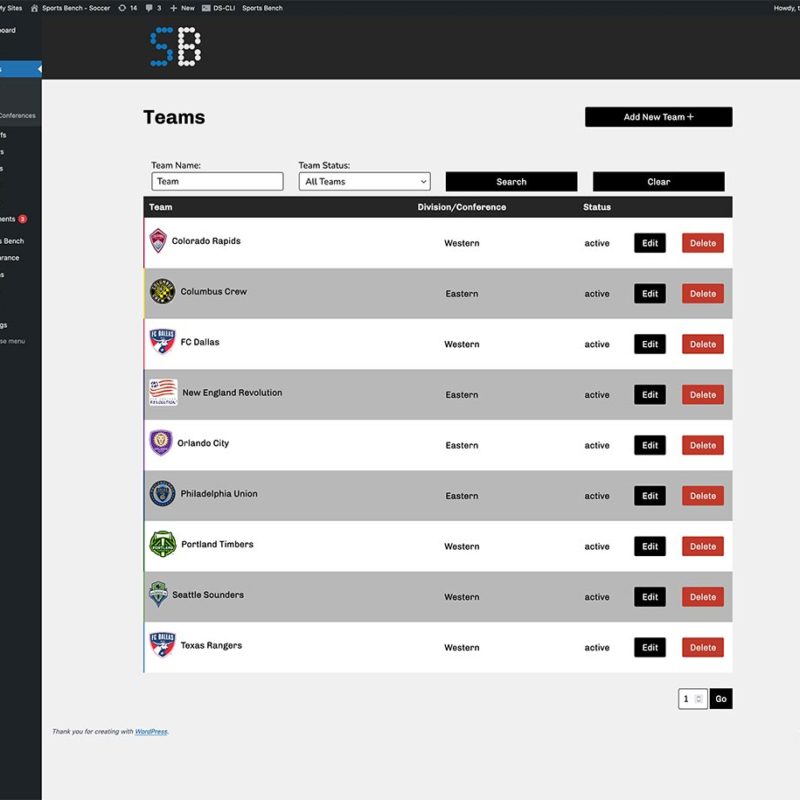 Screenshot of the soccer teams admin screen in Sports Bench