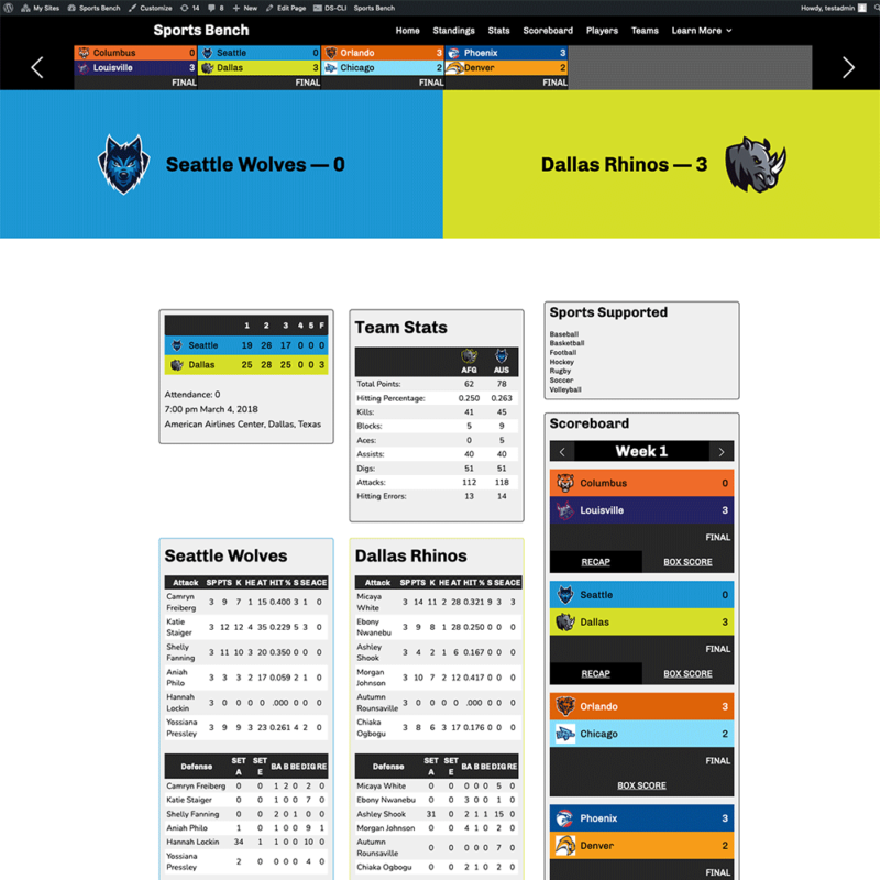 Screenshot of the volleyball box score page in Sports Bench