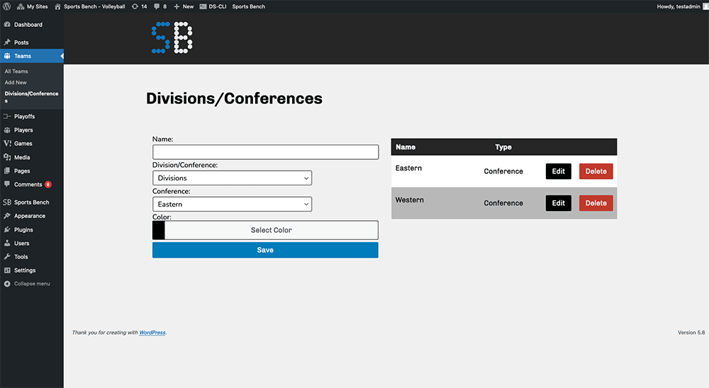 Screenshot of the volleyball divisions admin screen in Sports Bench