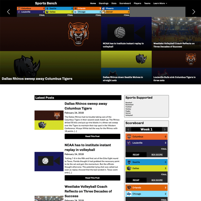 Screenshot of the volleyball tiled homepage in Sports Bench