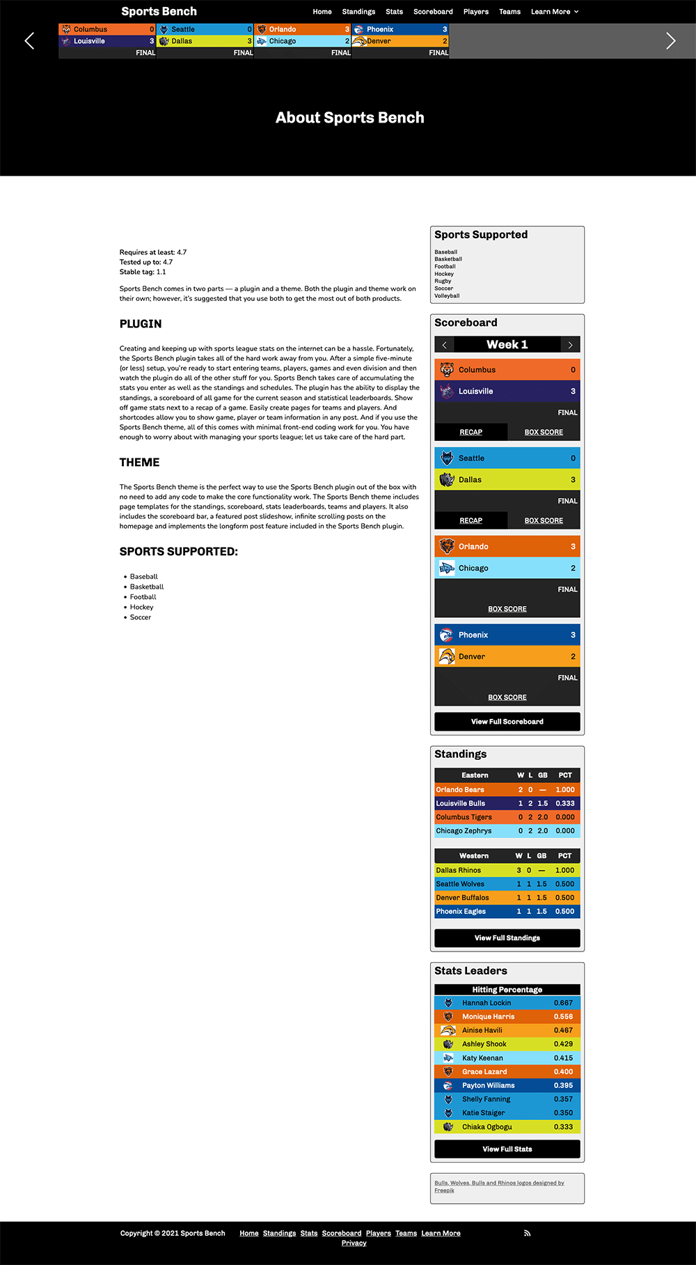 Screenshot of the volleyball default page template in Sports Bench