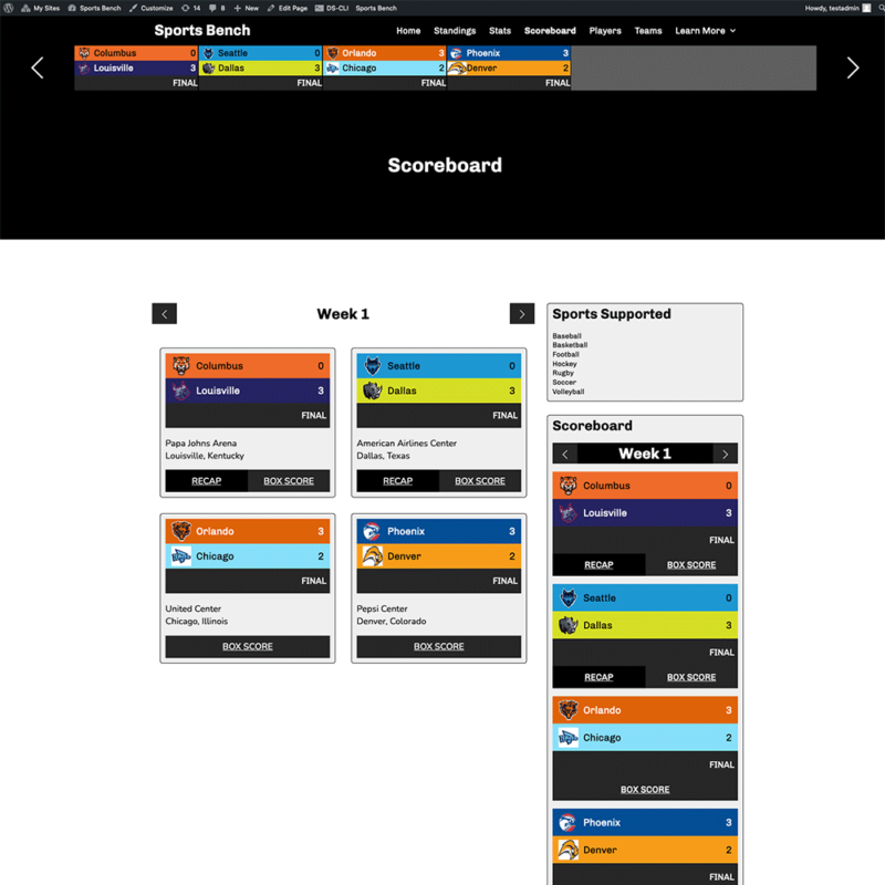 Screenshot of the volleyball scoreboard page in Sports Bench