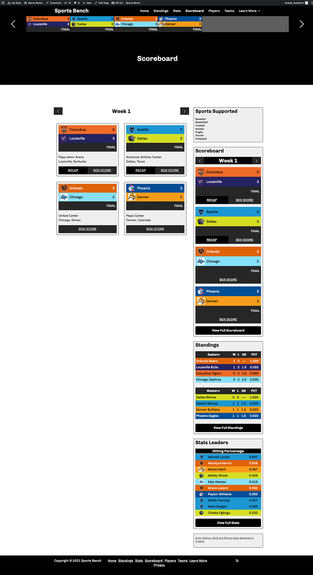 Screenshot of the volleyball scoreboard page in Sports Bench