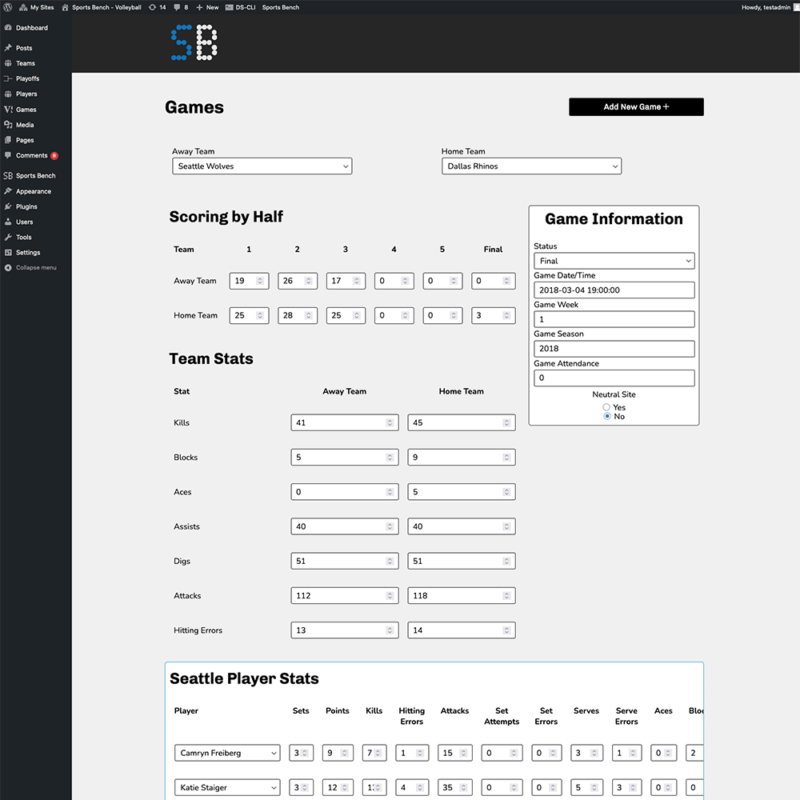 Screenshot of the volleyball single game admin screen in Sports Bench