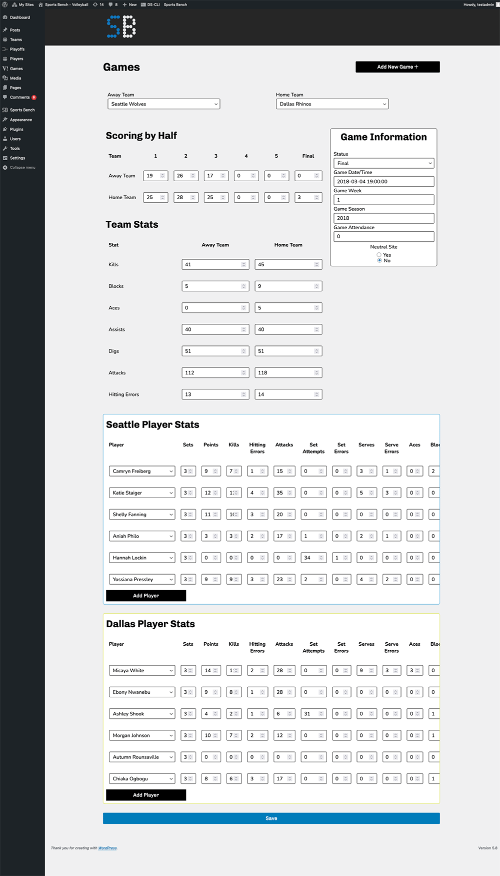 Screenshot of the volleyball single game admin screen in Sports Bench