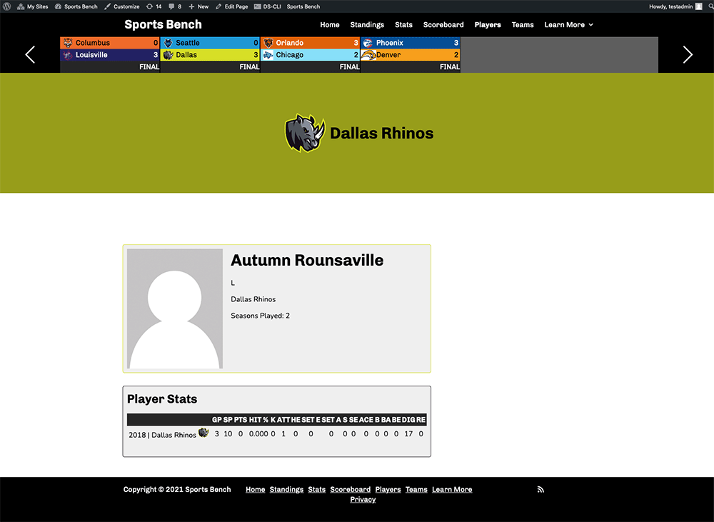 Screenshot of the volleyball single player page in Sports Bench