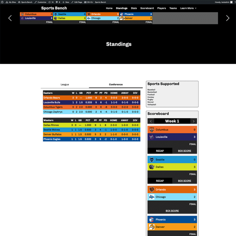 Screenshot of the volleyball standings page in Sports Bench