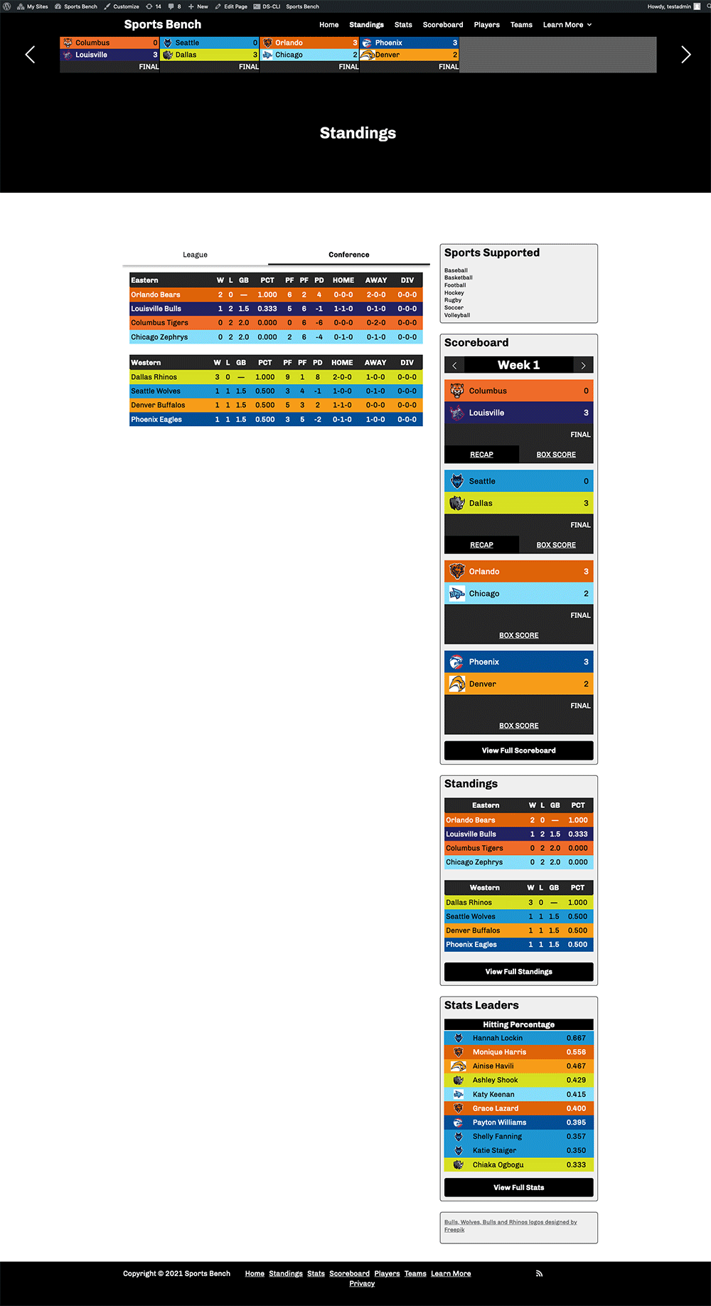 Screenshot of the volleyball standings page in Sports Bench