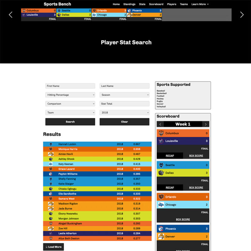 Screenshot of the volleyball player stat search in Sports Bench