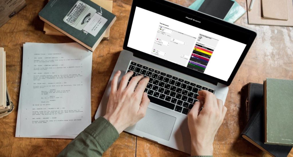 MacBook sitting on a wooden table surrounded by books and showing a page with a Sports Bench bracket embed