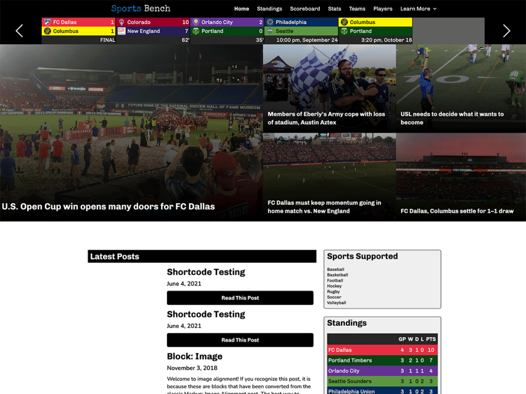 Screenshot of the soccer tiled homepage in Sports Bench