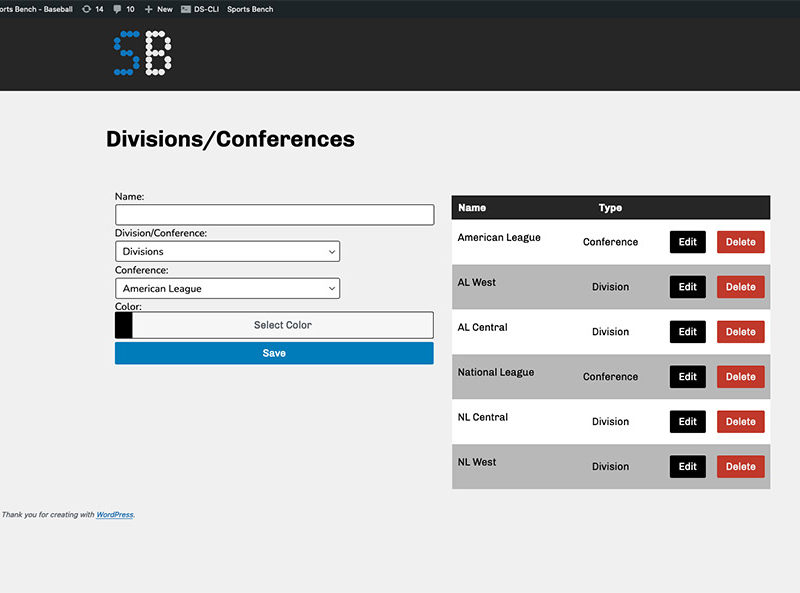 Screenshot of the baseball divisions admin screen in Sports Bench