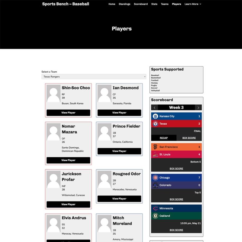 Screenshot of the baseball players page in Sports Bench
