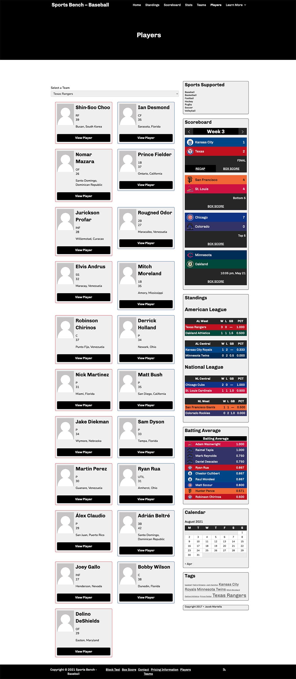 Screenshot of the baseball players page in Sports Bench