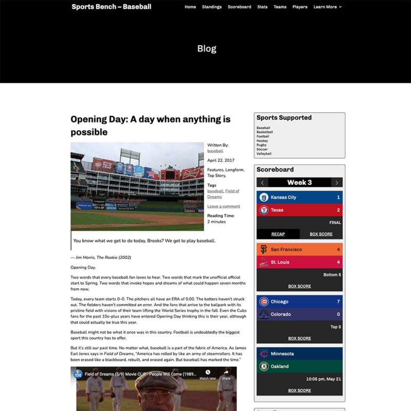 Screenshot of the baseball single post in Sports Bench