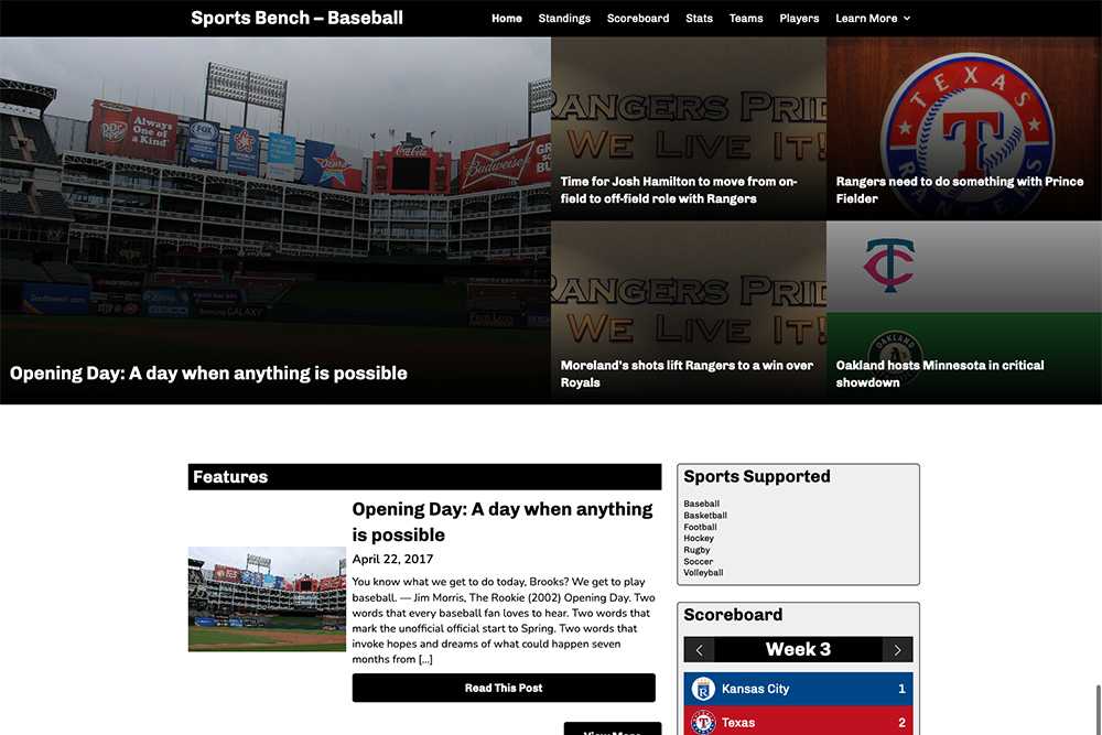 Screenshot of the baseball tiled homepage in Sports Bench