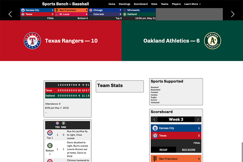 Screenshot of the baseball box score page in Sports Bench