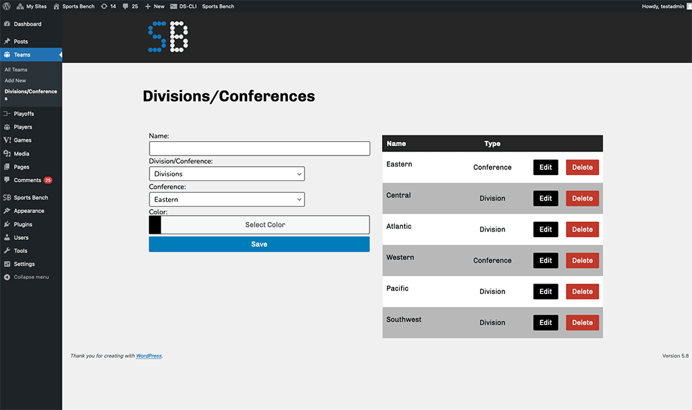 Screenshot of the basketball divisions admin screen in Sports Bench