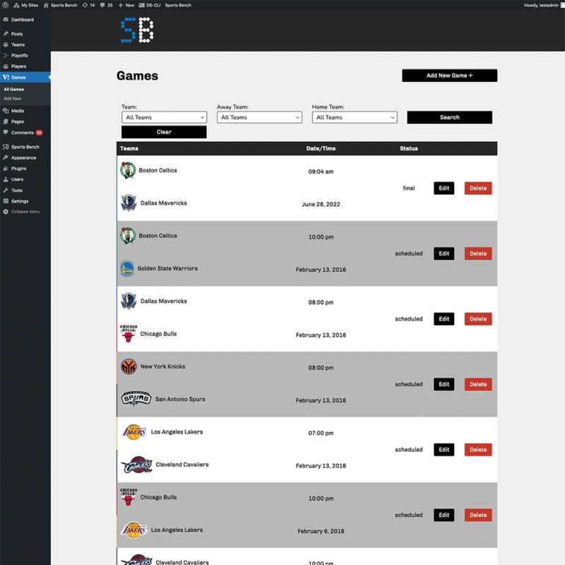 Screenshot of the basketball games admin screen in Sports Bench