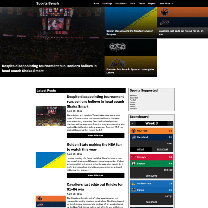 Screenshot of the basketball tiled hompage in Sports Bench