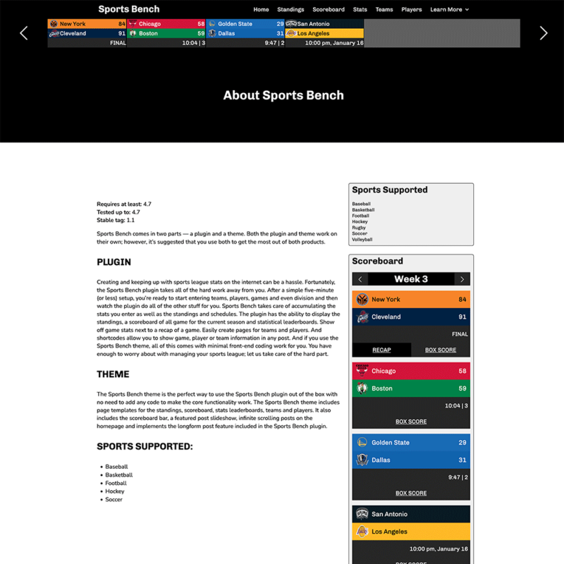 Screenshot of the basketball default page template in Sports Bench